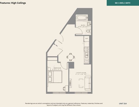 Floor plan for 2 beds, 2 baths, 528 sqft